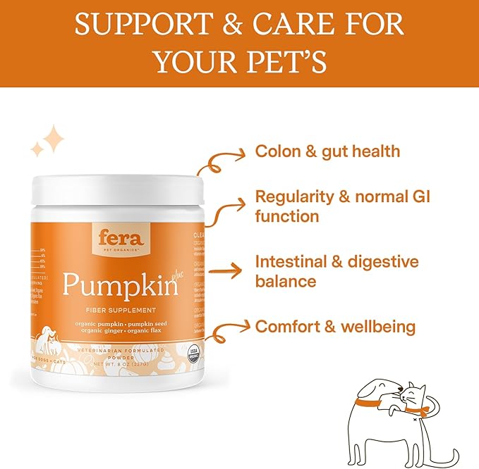 Fera Pet Organics Pumpkin Plus Fiber Supplement for Pets - Vet Created - Dog & Cat Regularity & Gut Function - Organic Pumpkin Seeds, Flax Seeds - 90 Scoops FeraPets