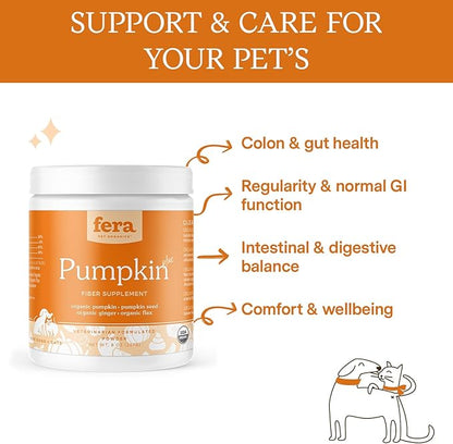 Fera Pet Organics Pumpkin Plus Fiber Supplement for Pets - Vet Created - Dog & Cat Regularity & Gut Function - Organic Pumpkin Seeds, Flax Seeds - 90 Scoops FeraPets