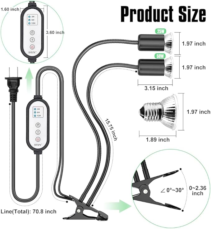 Reptile Heat Lamp, Dual-Head UVA/B Reptile Light with 3/6/12H Cycle Timer, Basking Light for Reptile Turtle Bearded Dragon Lizards Snake, E26/27 Base with 4 Bulbs (2PCS 50W and 2PCS 75W) DTZYServiceforYourLife