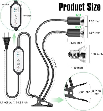 Reptile Heat Lamp, Dual-Head UVA/B Reptile Light with 3/6/12H Cycle Timer, Basking Light for Reptile Turtle Bearded Dragon Lizards Snake, E26/27 Base with 4 Bulbs (2PCS 50W and 2PCS 75W) DTZYServiceforYourLife
