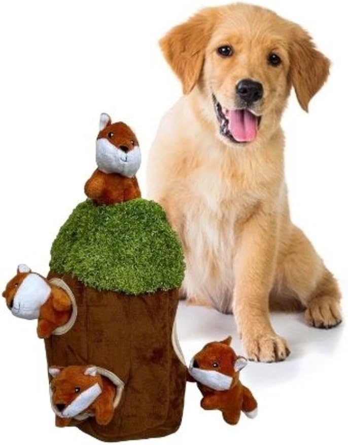 Fox in Tree Hide and Seek Dog Toy for Small and Medium Size Dogs, Plush Fox Inside Trunk Dog Toy with Squeaker, Interactive Burrow Dog Toy (Tree with Fox, Medium) - PAWPICO