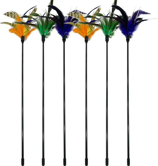 Cat Wand Toy Feather Stick Cat Toys, 6 PCS Cat Toy Feather Wand for Indoor Cats Play Exercise - PAWPICO