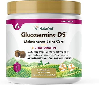 NaturVet Glucosamine DS Level 1 Maintenance, Joint Care Support Supplement for Dogs and Cats, Soft Chews, Made in The USA NaturVet