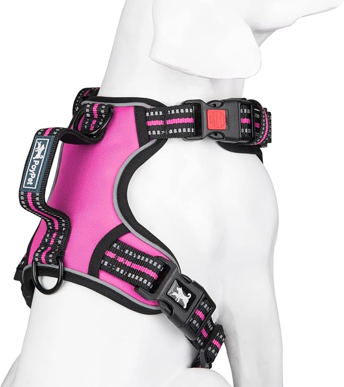 PoyPet No Pull Dog Harness, No Choke Front Clip Reflective Dog Vest with Soft Padded Vertical Handle, 3 Leash Attachments for Small Medium Large Dogs (Pink,XL) PoyPet