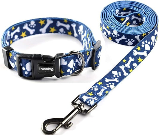 Ihoming Dog Collar and Leash Set for Daily Outdoor Walking Running Training, Bone Design for Small Boys Girls Dogs Cats Pets, S-Up to 20LBS Ihoming