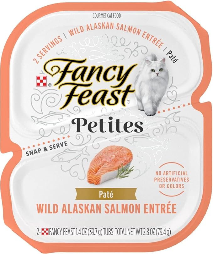 Fancy Feast Gourmet Grain-Free Meals Wet Cat Food Pate and Gravy Petites 10 Twin Pack Trays, 20 Servings (Wild Alaskan Salmon Pate) - PAWPICO