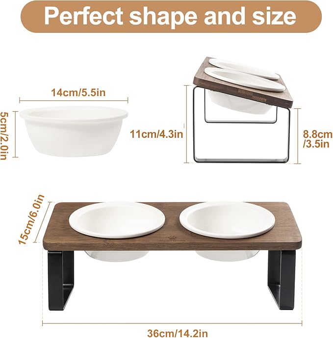 Sunhoo Ceramic Elevated Cat Bowls, Raised Puppy Dishes for Food and Water, Tilted Bamboo Stand for Anti Vomiting, Indoor 5.5 inch Wide Double Dish Orthopedic Anti-Vomiting (Brown) - PAWPICO