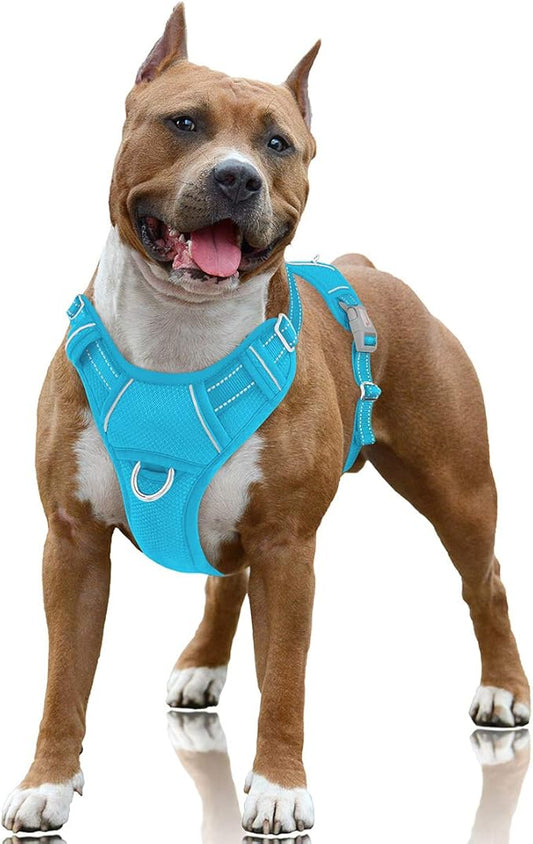 BARKBAY No Pull Dog Harness Large Reflective Dog Harness with Front Clip and Easy Control Handle for Walking Training Running with ID tag Pocket(Blue,L) BARKBAY