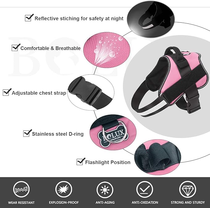 Bolux Dog Harness, No-Pull Reflective Dog Vest, Breathable Adjustable Pet Harness with Handle for Outdoor Walking - No More Pulling, Tugging or Choking (Pink, XS) Bolux