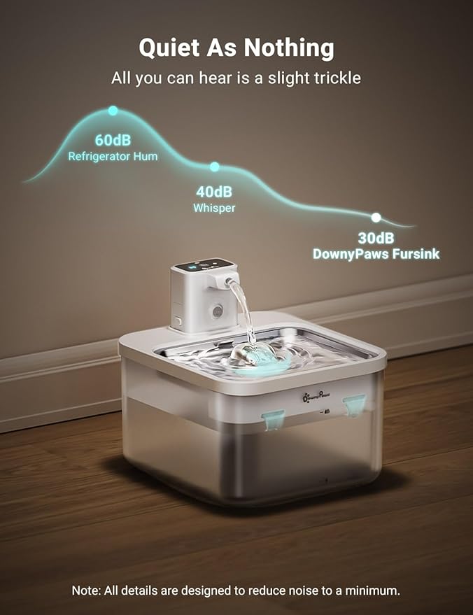 DownyPaws Battery Operated Cat Water Fountain Stainless Steel, 84oz/2.5L Fursink Wireless Pet Water Fountain for Cats Inside, Automatic Dog Water Dispenser with Faucet, Quiet Pump, BPA-Free, White - PAWPICO