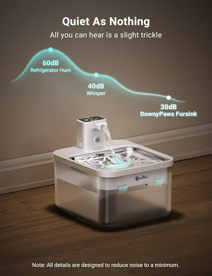 DownyPaws Battery Operated Cat Water Fountain Stainless Steel, 84oz/2.5L Fursink Wireless Pet Water Fountain for Cats Inside, Automatic Dog Water Dispenser with Faucet, Quiet Pump, BPA-Free, White - PAWPICO