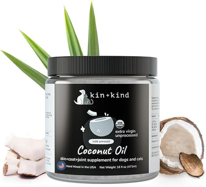 Organic Coconut Oil Pet Supplement for Dogs and Cats - Safe, Natural Skin and Coat Support with Cold Pressed Extra Virgin Coconut Oil - Itchy Skin, Dry Cracked Noses & Dry Skin Treatment - Made in USA kinkind