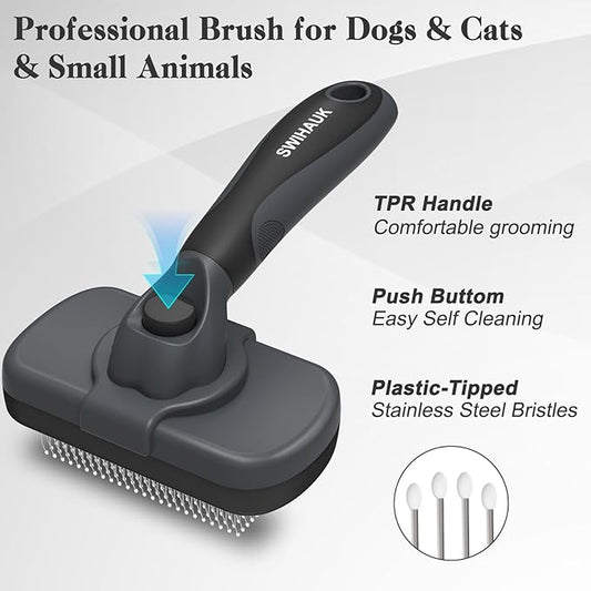 Swihauk Self Cleaning Slicker Brush - Skin Friendly for Dogs & Cats, Deshedding Grooming Tool for Shedding Hair, Puppy Brush for Haired Pets - PAWPICO