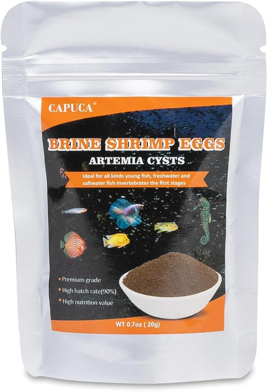 Brine Shrimp Eggs Fish Food - 0.7 OZ Sea Monkey Eggs 90% Hatch Rate Premium Grade A Aquatic Foods for Young Fish Freshwater and Saltwater Fish Invertebrates The First Stages Capuca