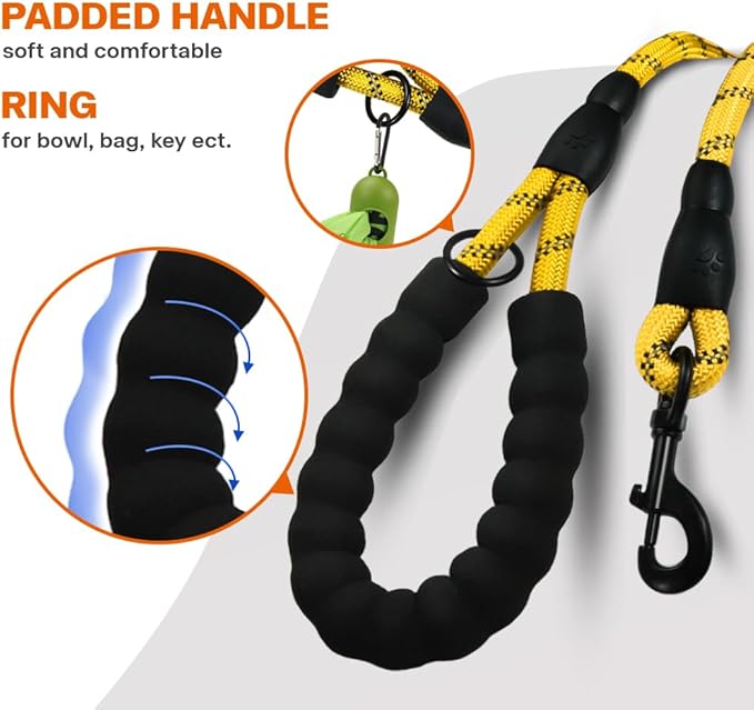 Taglory Rope Dog Leash 6 FT with Comfortable Padded Handle, Highly Reflective Threads Leash for Medium Large Dogs, 1/2 inch, Yellow Taglory