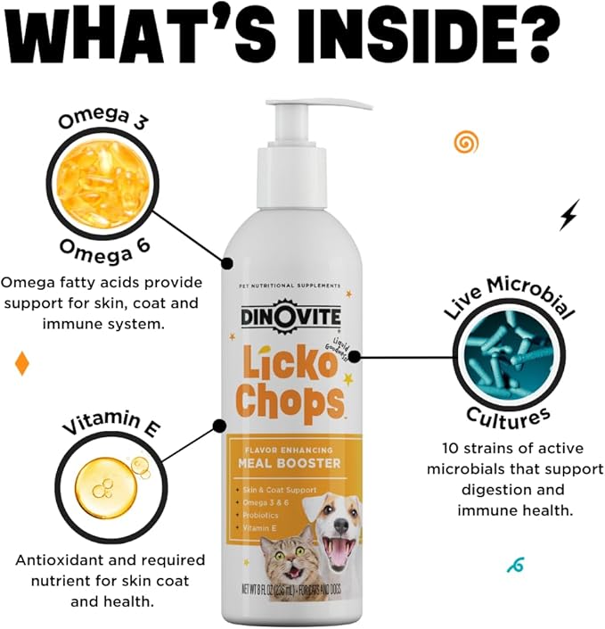 Dinovite Lickochops for Dog & Cat Supplement Enhanced with Omega-6, 3 Fatty Acids, Probiotics and Vitamin E, 16 oz with Pump Dinovite