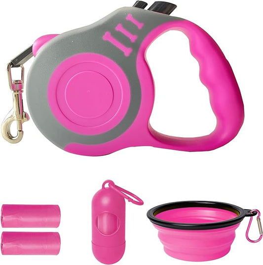Retractable Dog Leash Automatic Telescopic Tractor Dog Tape, Pet Tape 10/16 FT Durable and Convenient, with Folding Bowl, Dispenser, Rubbish Bags, Suitable for Small and Medium Dogs LIEVUIKEN