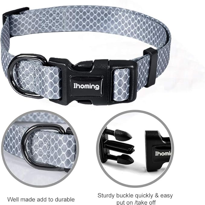 Ihoming Dog Collar and Leash Set for Daily Outdoor Walking Running Training, Moroccan Grey Design for Large Boys Girls Dogs Cats Pets, L-Up to 80LBS Ihoming