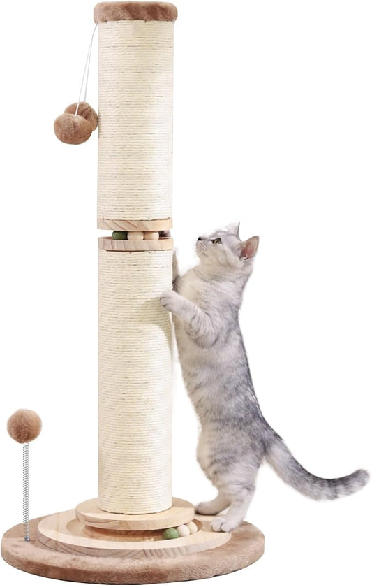 OTOB 32" Tall Cat Scratching Post, 4.3Inch Large Diameter Natural Sisal Rope Scratcher Post for Indoor Large Cats Kittens, 5-in-1 Interactive Turntable Cat Scratch Post (Brown, B-33Inch) - PAWPICO