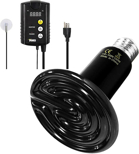 Simple Deluxe 150W Reptile Heat Bulb and 40-108 Degrees Fahrenheit Digital Thermostat Controller Included, for Amphibian Pet & Incubating Chicken, Black SimpleDeluxe