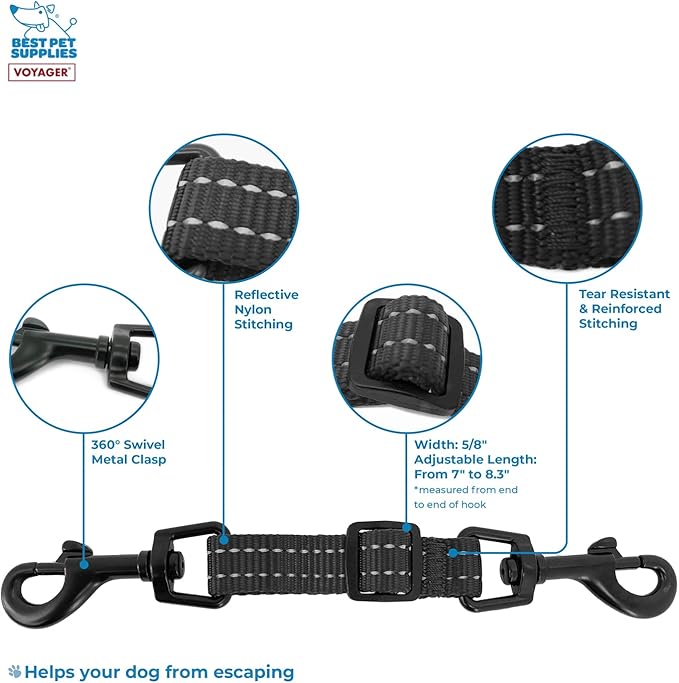 Best Pet Supplies Voyager Dog Collar Safety Clip with Dual Clasps, Collars and No Pull Harness Connectors, Training for Walking, Running, and Hiking, Safety Clip - Black - PAWPICO