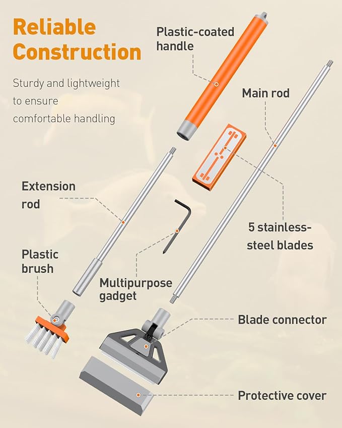 Pawfly Aquarium Algae Scraper Cleaner Fish Tank Brush with 5 Stainless Steel Blades, 26 Inch Aquarium Glass Scraper Aquarium Cleaning Tool Pawfly