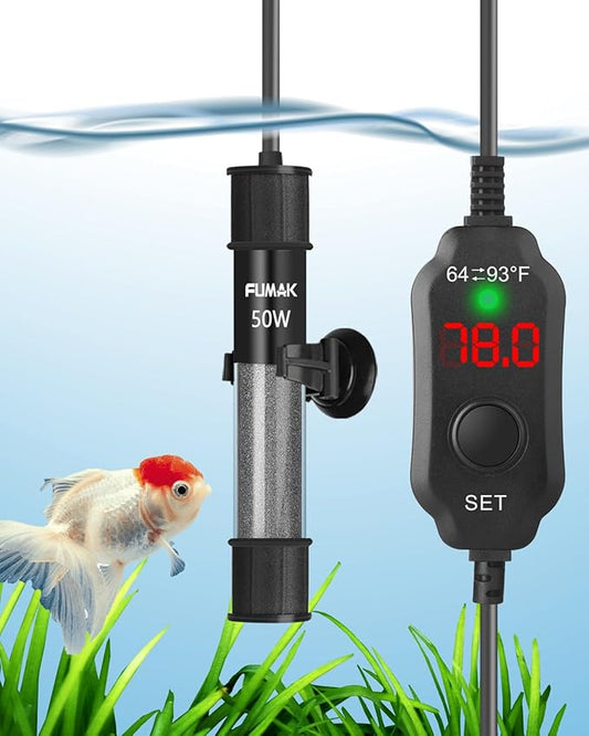 50W Adjustable Aquarium Heater Super Short Submersible Fish Tank Heater Fish Heater with LED Digital Display Thermostat, for Tanks 5-10 Gallons FUMAK