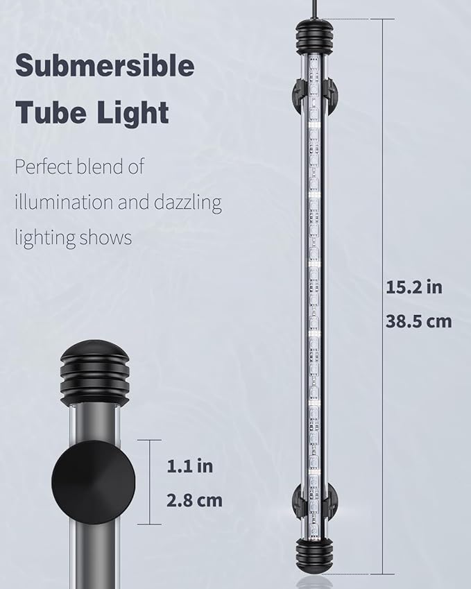 Pawfly 4.2 W Aquarium LED Light 15.2 Inch Underwater Fish Tank Light with Timer Auto On/Off Fish Tank Background Light with 8 Lighting Modes Submersible Multi-Colored Tube Light for Decoration Pawfly