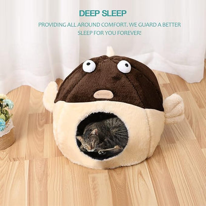 Cat Beds for Indoor Cats - Cat Bed Cave with Removable Washable Cushioned Pillow, Soft Plush Premium Cotton No Deformation Pet Bed, Lively Pufferfish Cat House Design, Brown, Multiple Sizes(S) - PAWPICO
