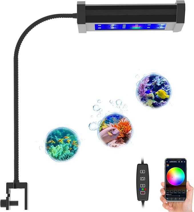 Lominie Small LED Aquarium Light Full Spectrum, 2-Channel Dimmable Fish Tank Light with Adjustable Gooseneck for Saltwater, Coral Nano Tank (Saltwater) Lominie