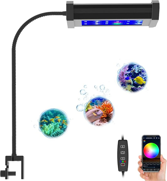 Lominie Small LED Aquarium Light Full Spectrum, 2-Channel Dimmable Fish Tank Light with Adjustable Gooseneck for Saltwater, Coral Nano Tank (Saltwater) Lominie