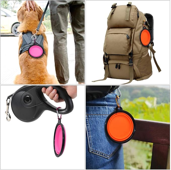 SLSON Collapsible Dog Bowls, 2 Pack, Portable Pet Feeding Watering Dish for Traveling with Carabiners (Small, Orange+Pink) - PAWPICO