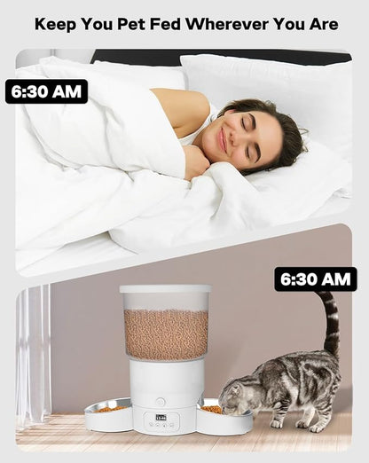 SURDY Automatic Cat Feeder for 2 Cats, 3L Cat Food Dispenser Auto Cat Feeder with 2 Stainless Bowls, 10s Meal Call Dual Power Supply and Timer Setting 12 Portions 6 Meals Per Day for Cats (White, 5L) - PAWPICO