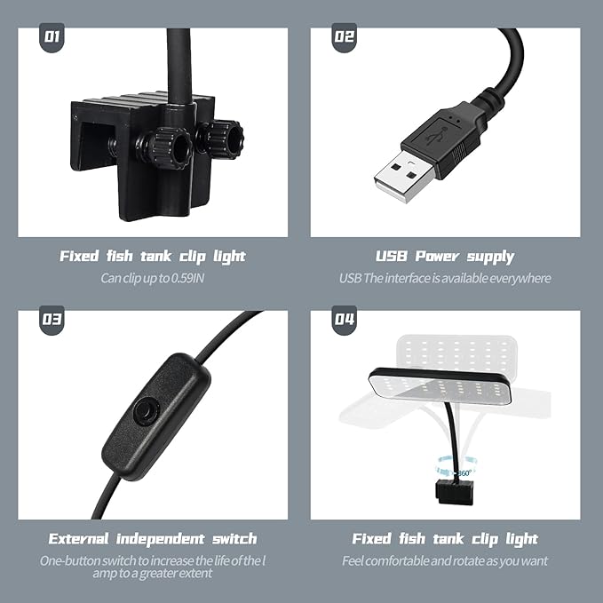 Boxtech Fish Tank Led Light, Small Aquarium Clip On Light, 8W White Led Clamp Light, 4.53 Inch USB Full Spectrum Planted Light for 3 to 6 Gallon Tanks Boxtech