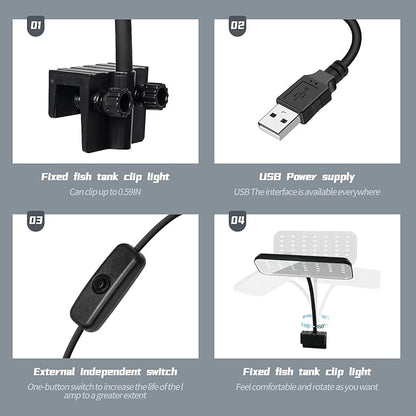 Boxtech Fish Tank Led Light, Small Aquarium Clip On Light, 8W White Led Clamp Light, 4.53 Inch USB Full Spectrum Planted Light for 3 to 6 Gallon Tanks Boxtech