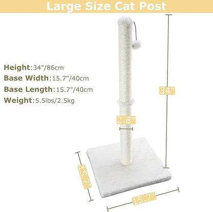 Dimaka 34" Tall Cat Scratching Post for Large Cats and Kittens, High Vertical Scratcher with Premium Natural Sisal Rope and Interactive Hanging Ball for Indoor Cats(Beige, 34 inches) - PAWPICO