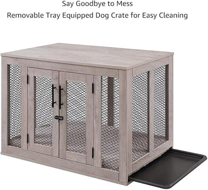 unipaws Dog Crate Furniture, Wooden Dog Kennel for Medium Breed, Indoor Decorative Wood Dog Cage, Inside Side End Table Crate with Removable Tray and Dog Bed, Dog Enclosure, for Dogs Up to 40 lbs - PAWPICO