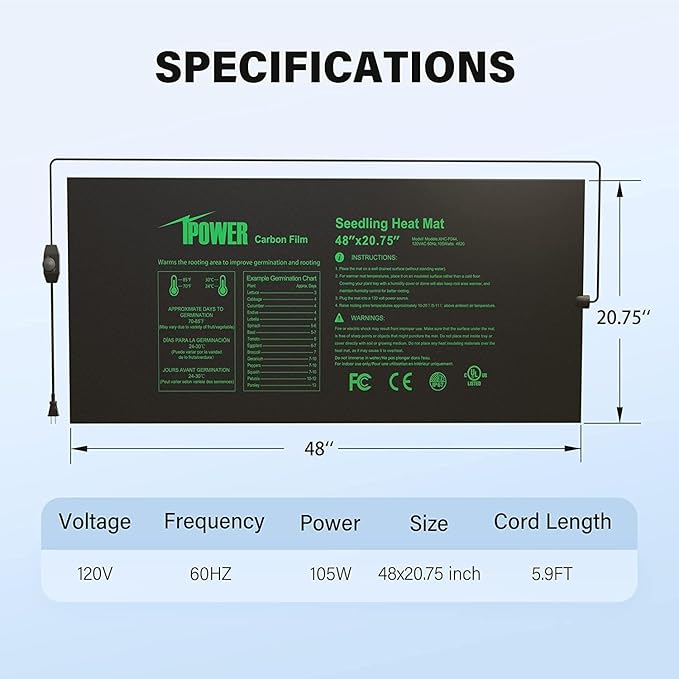 iPower 48"x20.75" Seedling Heat Mat with Temperature Adjustable Knob, Warm Waterproof Plant Heating Pad, for Germination, Breeding, Brewing iPower