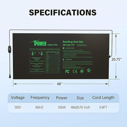 iPower 48"x20.75" Seedling Heat Mat with Temperature Adjustable Knob, Warm Waterproof Plant Heating Pad, for Germination, Breeding, Brewing iPower