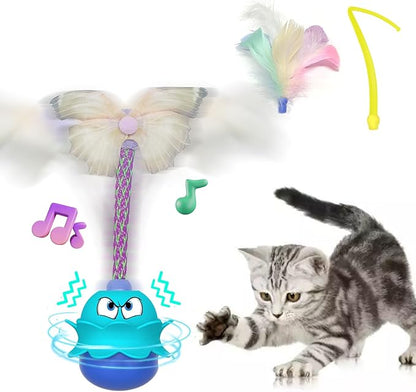 LEWISER Cat Toys Monster, 3in1 Rechargeable Automatic Interactive Cat Toy for Indoor Cats Exercise, Real Feathers, Silicone and Butterfly Tail, LED Lighting, Mice Squeak Chirping, Blue - PAWPICO