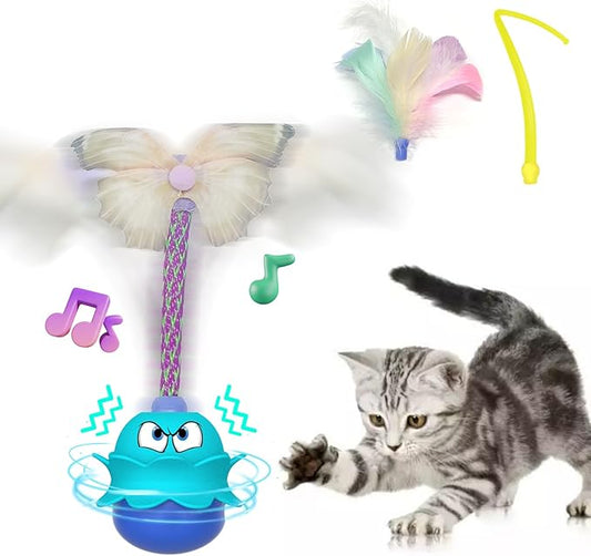 LEWISER Cat Toys Monster, 3in1 Rechargeable Automatic Interactive Cat Toy for Indoor Cats Exercise, Real Feathers, Silicone and Butterfly Tail, LED Lighting, Mice Squeak Chirping, Blue - PAWPICO