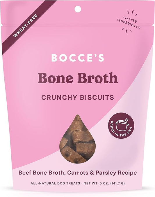 Bocce's Bakery Oven Baked Bone Broth Treats for Dogs, Wheat-Free Everyday Dog Treats, Made with Real Ingredients, Baked in The USA, All-Natural Biscuits, Beef Bone Broth, Carrots, & Parsley, 5 oz - PAWPICO