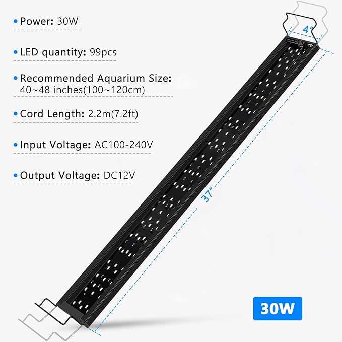 AQQA Aquarium Light,Full Spectrum Fish Tank Light for Plants,3 Mode+Timer+Adjustable Brightness,High Brightness LED Beads with Extendable Brackets for Freshwater (30W for 40-48inch) AQQA