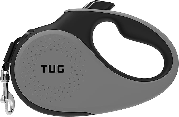TUG Tiny 360° Tangle-Free Retractable Dog Leash with Anti-Slip Handle | 10 ft Nylon Tape | One-Handed Brake, Pause, Lock (Grey) TUG
