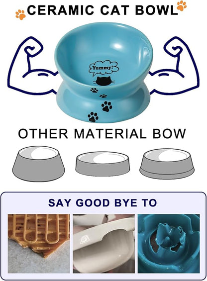Y YHY Elevated Cat Food Bowl, Ceramic Raised Cat Bowl, Tilt Angle Protect Cat's Spine, Anti Vomiting Cat Dish, Backflow Prevention, Lake Blue - PAWPICO