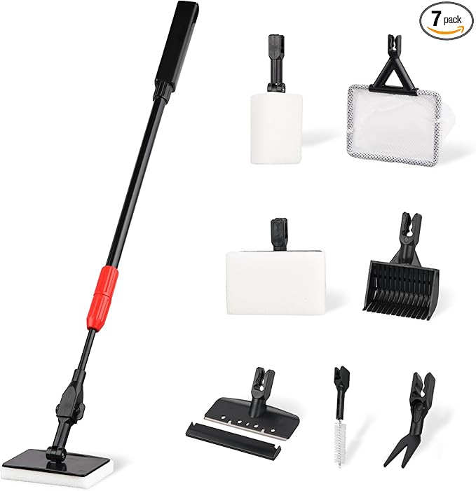 Aquarium Cleaning Tools 7 in 1 - Fish Tank Cleaning Kit with Algae Scraper, Scrubber Pad, Adjustable Telescopic Long Handle, Fish Net, Gravel Rake, Fork & Brush - Saltwater & Freshwater Fish Tank AQUATICEDEN