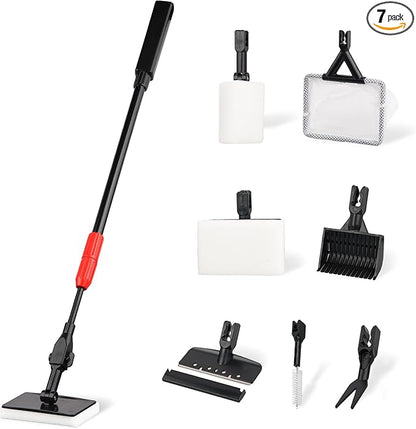 Aquarium Cleaning Tools 7 in 1 - Fish Tank Cleaning Kit with Algae Scraper, Scrubber Pad, Adjustable Telescopic Long Handle, Fish Net, Gravel Rake, Fork & Brush - Saltwater & Freshwater Fish Tank AQUATICEDEN