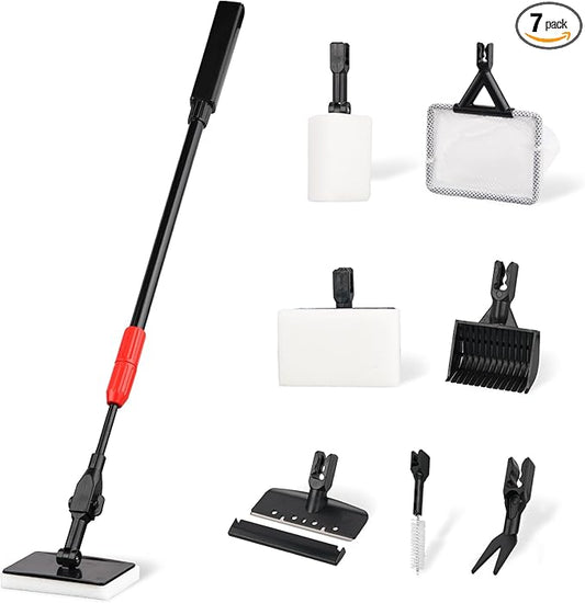 Aquarium Cleaning Tools 7 in 1 - Fish Tank Cleaning Kit with Algae Scraper, Scrubber Pad, Adjustable Telescopic Long Handle, Fish Net, Gravel Rake, Fork & Brush - Saltwater & Freshwater Fish Tank AQUATICEDEN