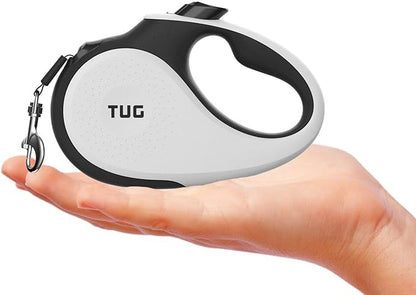 TUG Tiny 360° Tangle-Free Retractable Dog Leash with Anti-Slip Handle | 10 ft Nylon Tape| One-Handed Brake, Pause, Lock (White) TUG