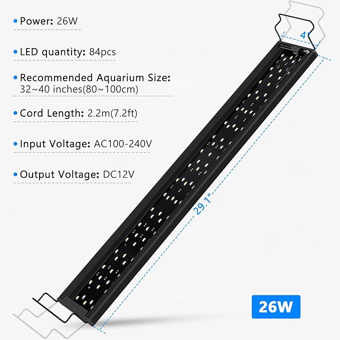 AQQA Aquarium Light,Full Spectrum Fish Tank Light for Plants,3 Mode+Timer+Adjustable Brightness,High Brightness LED Beads with Extendable Brackets for Freshwater (26W for 32-40inch) AQQA